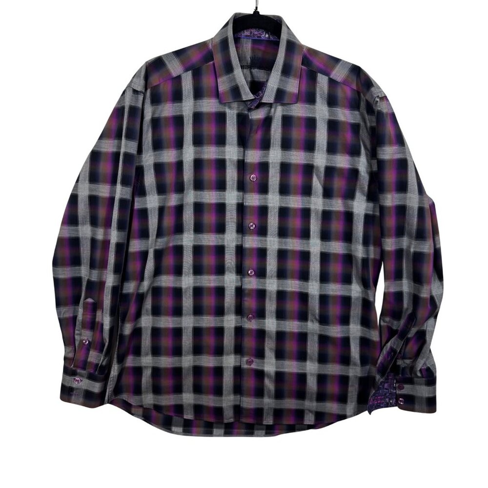 BERTIGO Long Sleeve Plaid Button Down Shirt Purple Gray Contrast Cuffs XL Office